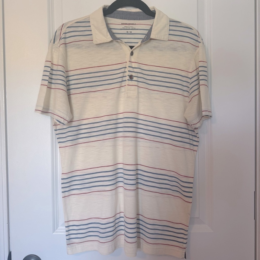 Banana Republic Cream Blue & Red Striped Medium Polo Shirt